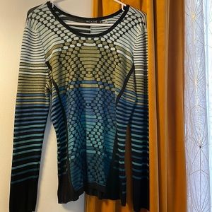 Nic & Zoe PL petite Large thin sweater abstract avocado green navy blues